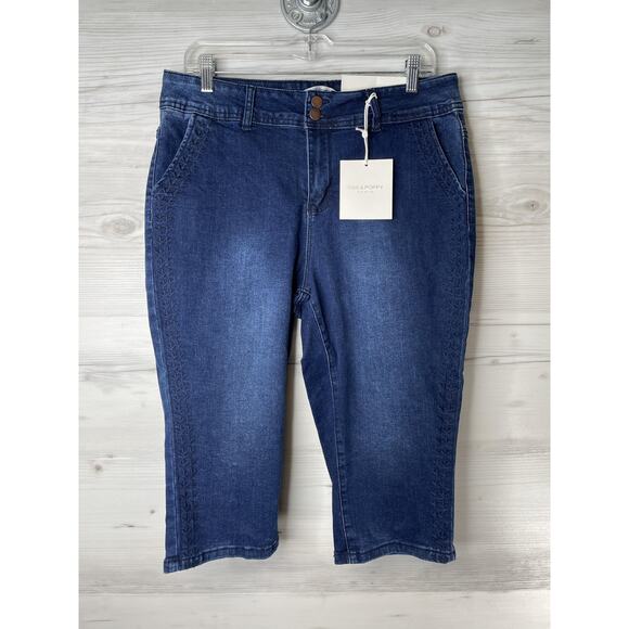 Oak & Poppy Denim Capri Pants Womens 14 High Rise Stretch Embroidered Pockets - Picture 1 of 12
